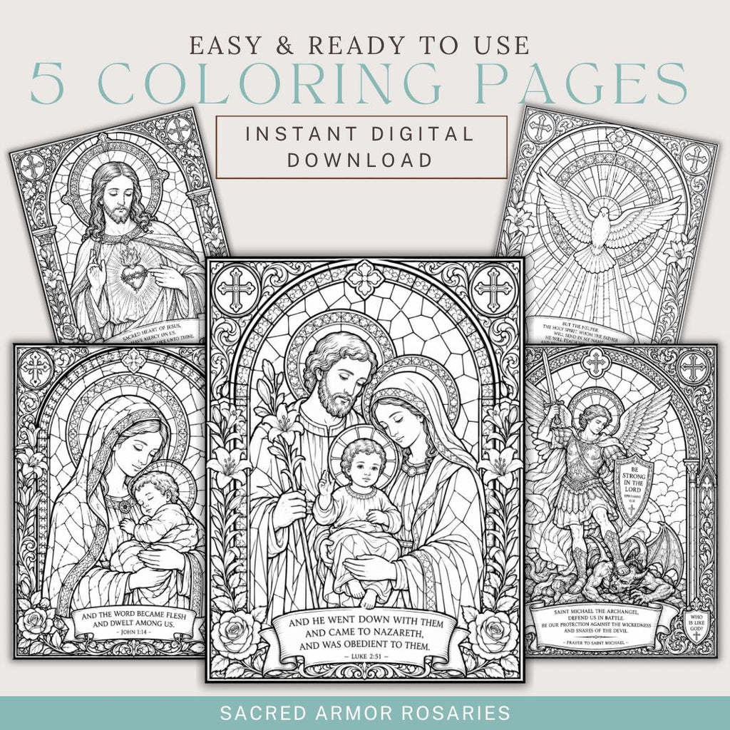 Catholic stained glass coloring pages bundle detail