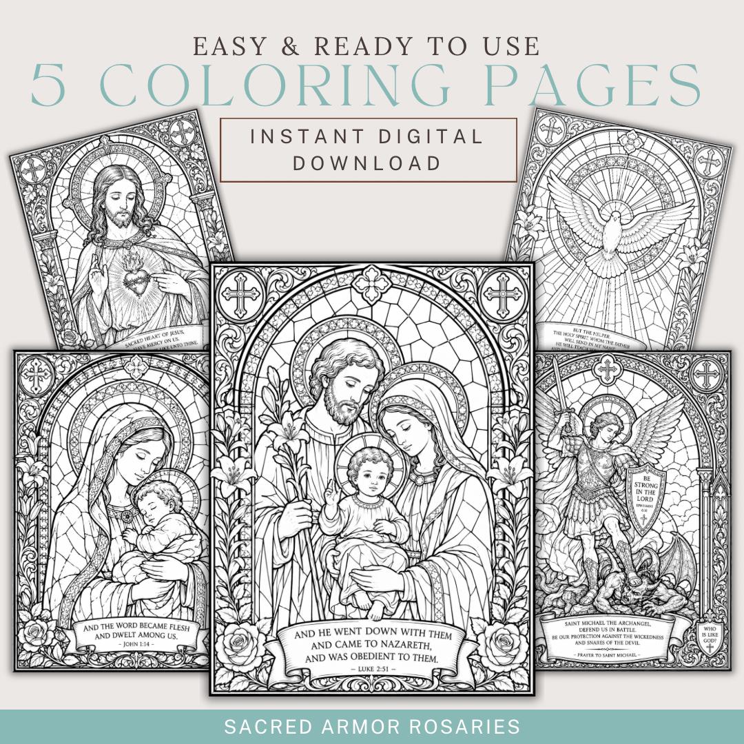 Catholic stained glass coloring pages bundle detail