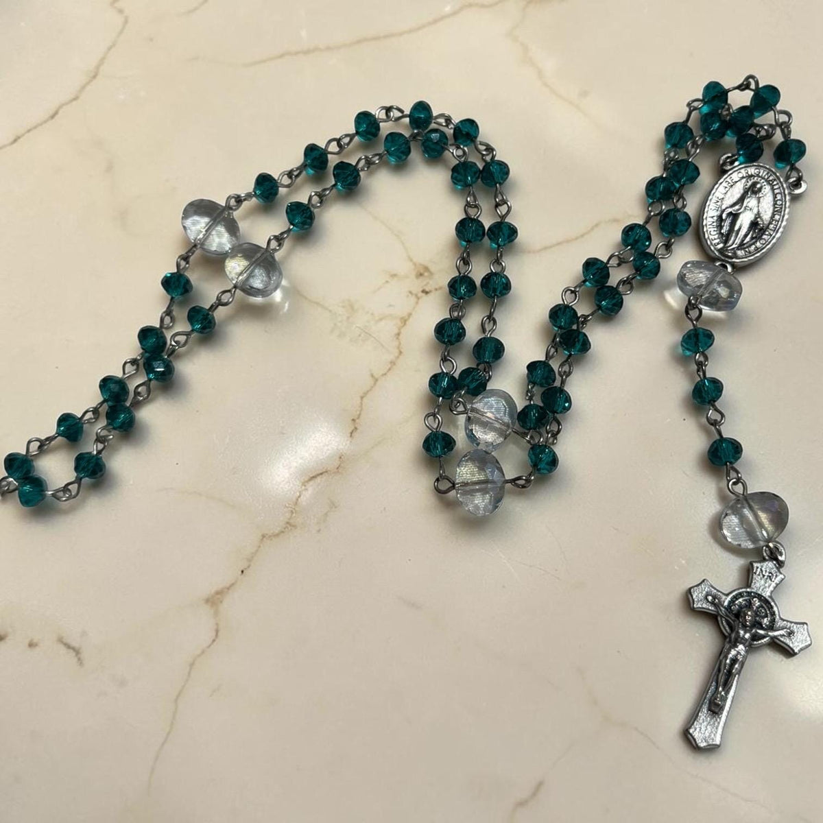 Emerald Green Crystal Rosary crucifix detail