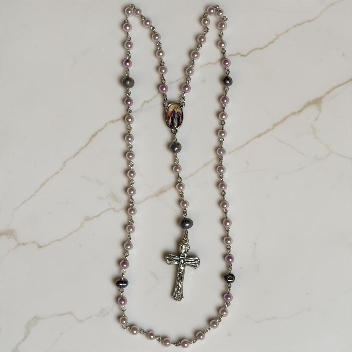 Lavender Pearl Miraculous Medal Rosary alternate view