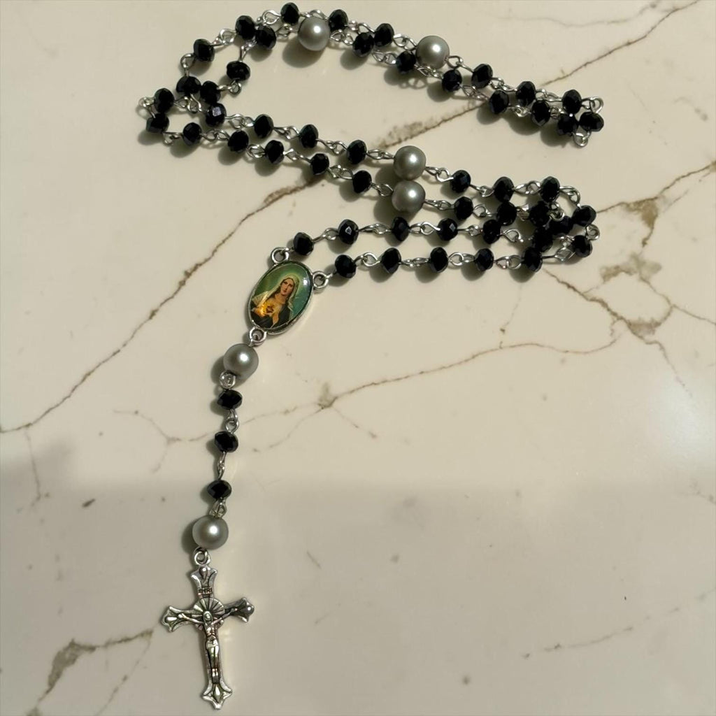 Black Crystal and Silver Pearl Immaculate Heart Rosary