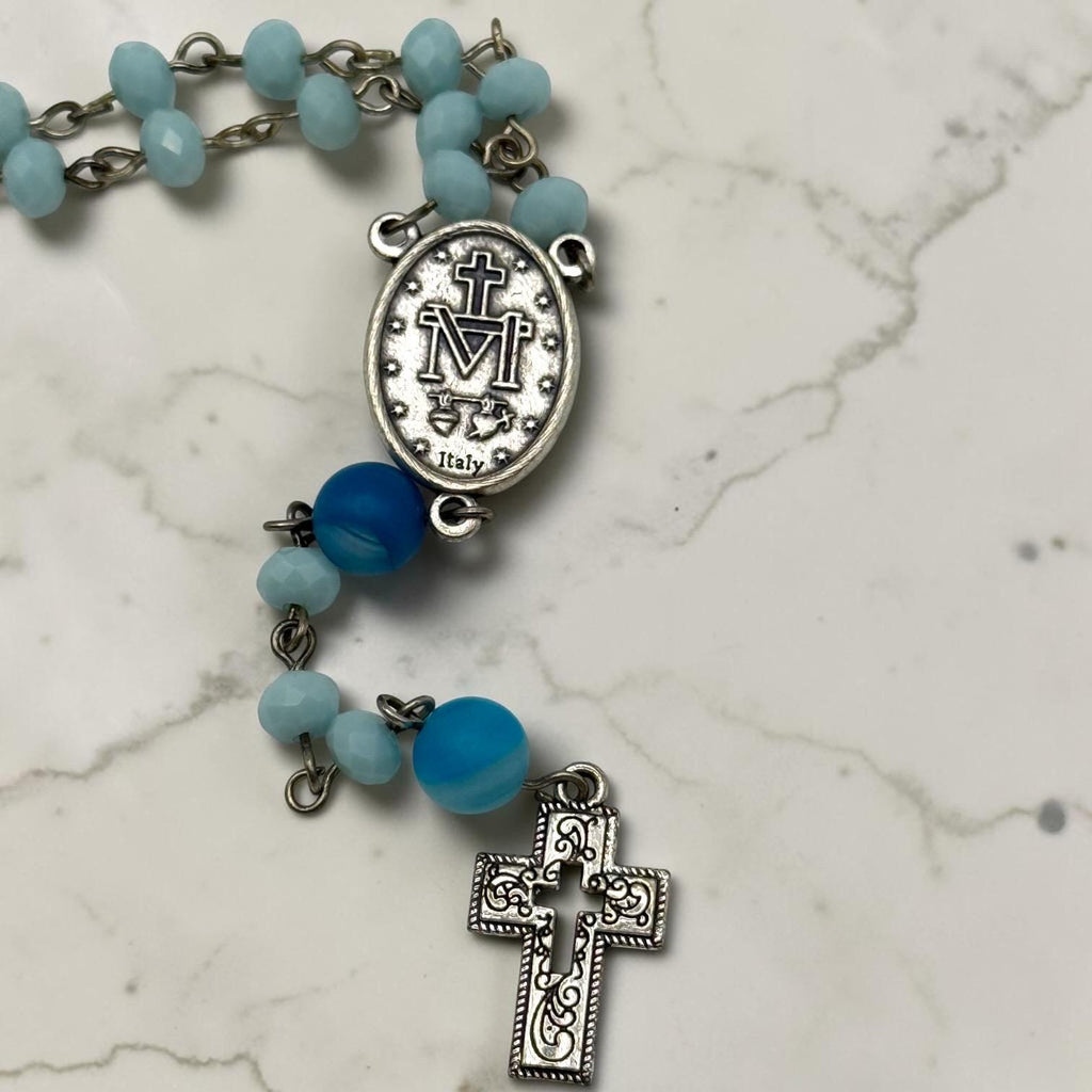 Light Blue Miraculous Medal Rosary detail view