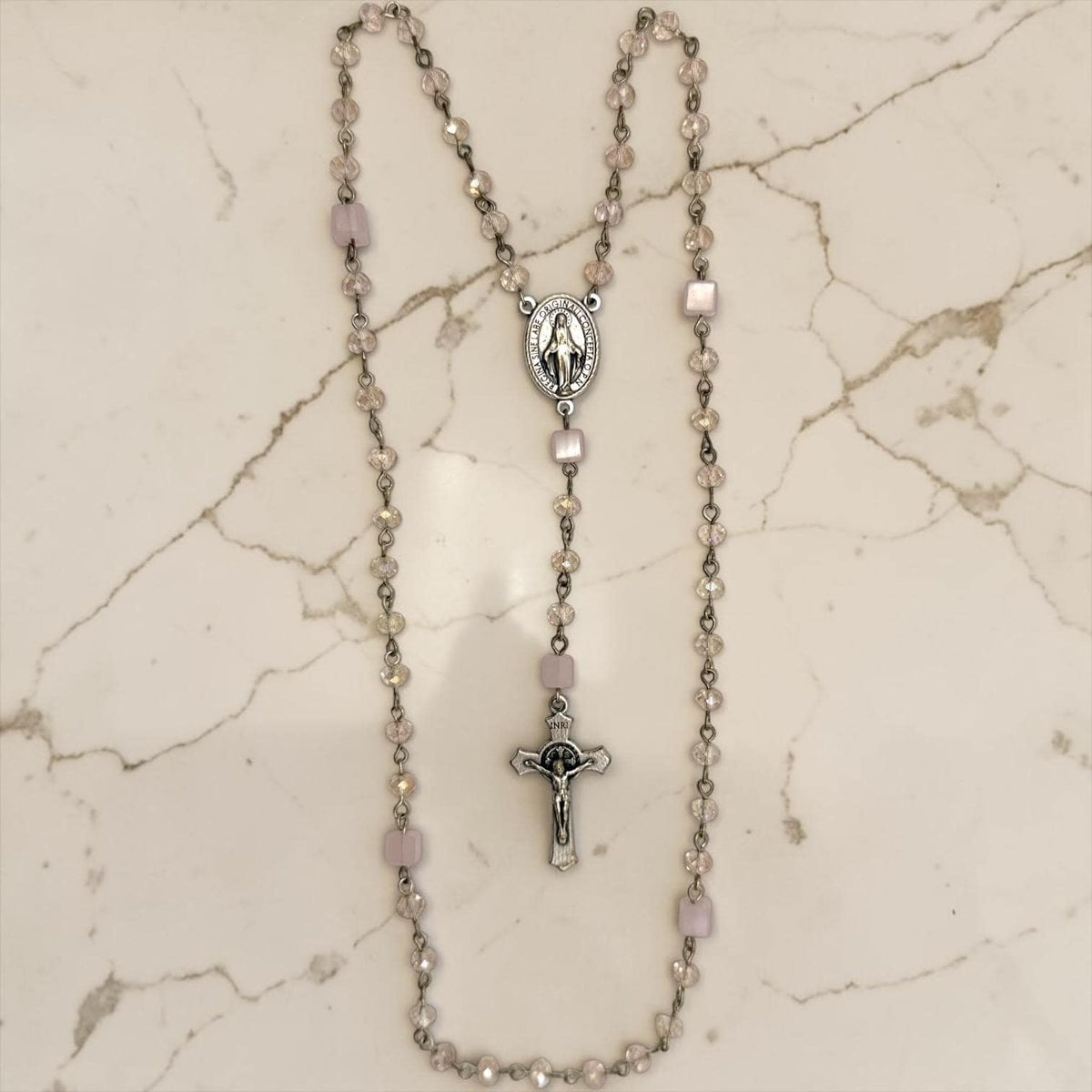 Pink Crystal Miraculous Medal Rosary alternate view