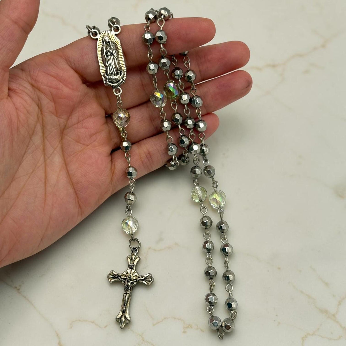 Pale Sage Our Lady of Guadalupe Rosary detail view