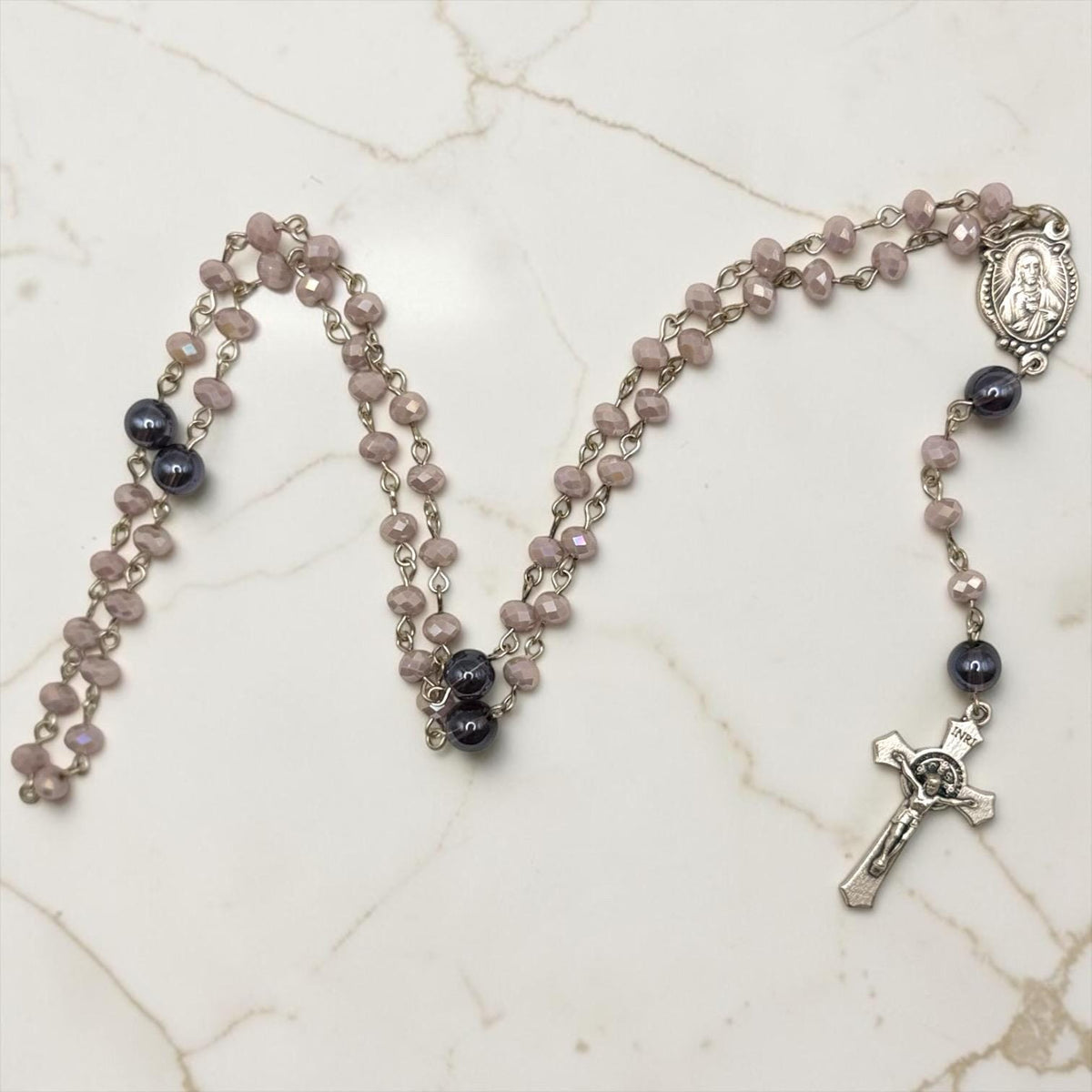 Purple Crystal Immaculate Heart Rosary with St. Benedict crucifix
