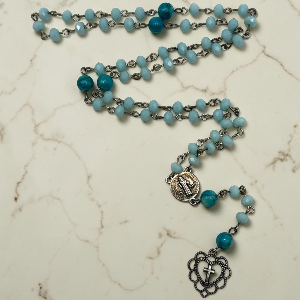 Aqua Crystal St. Benedict Rosary alternate view