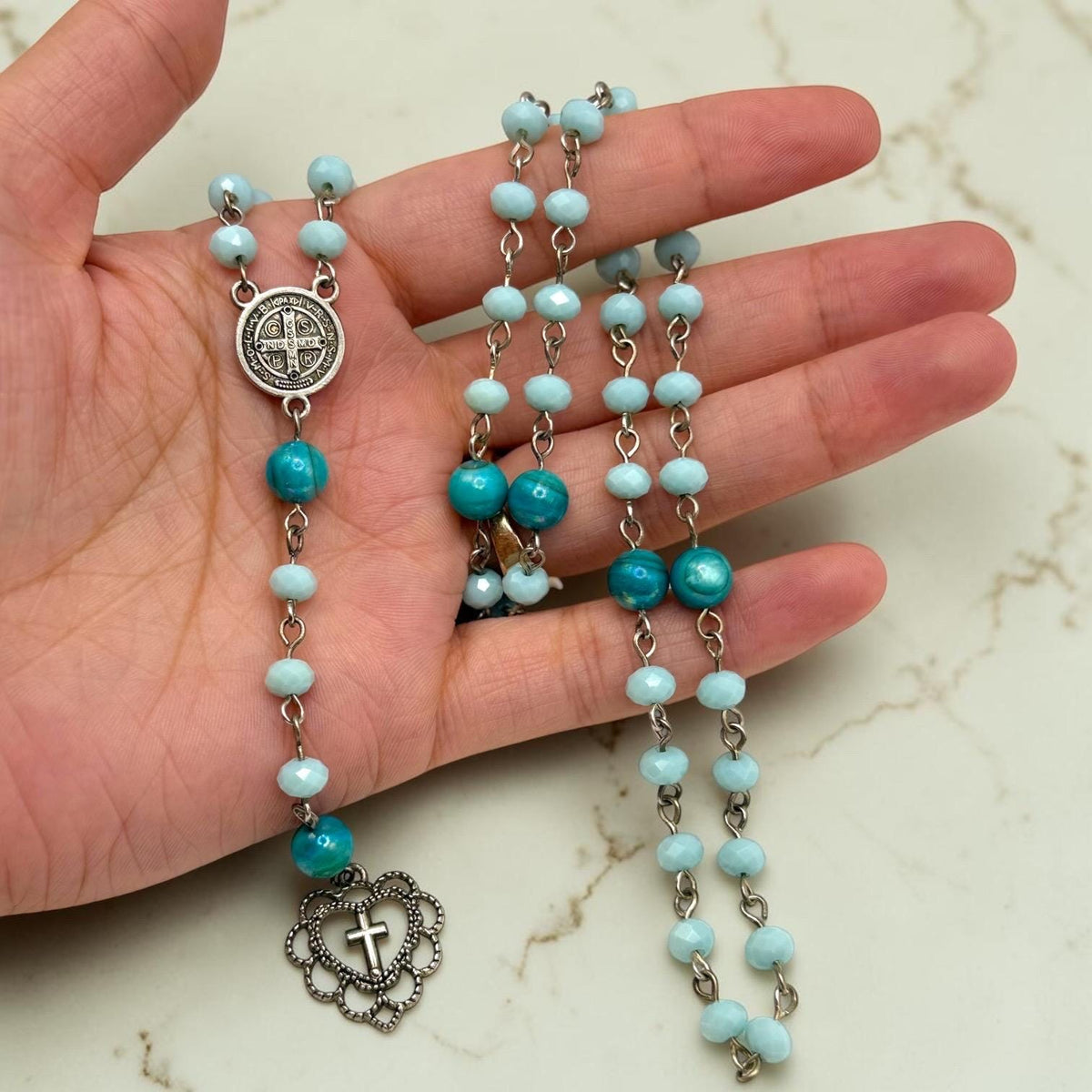 Aqua Crystal St. Benedict Rosary detail view