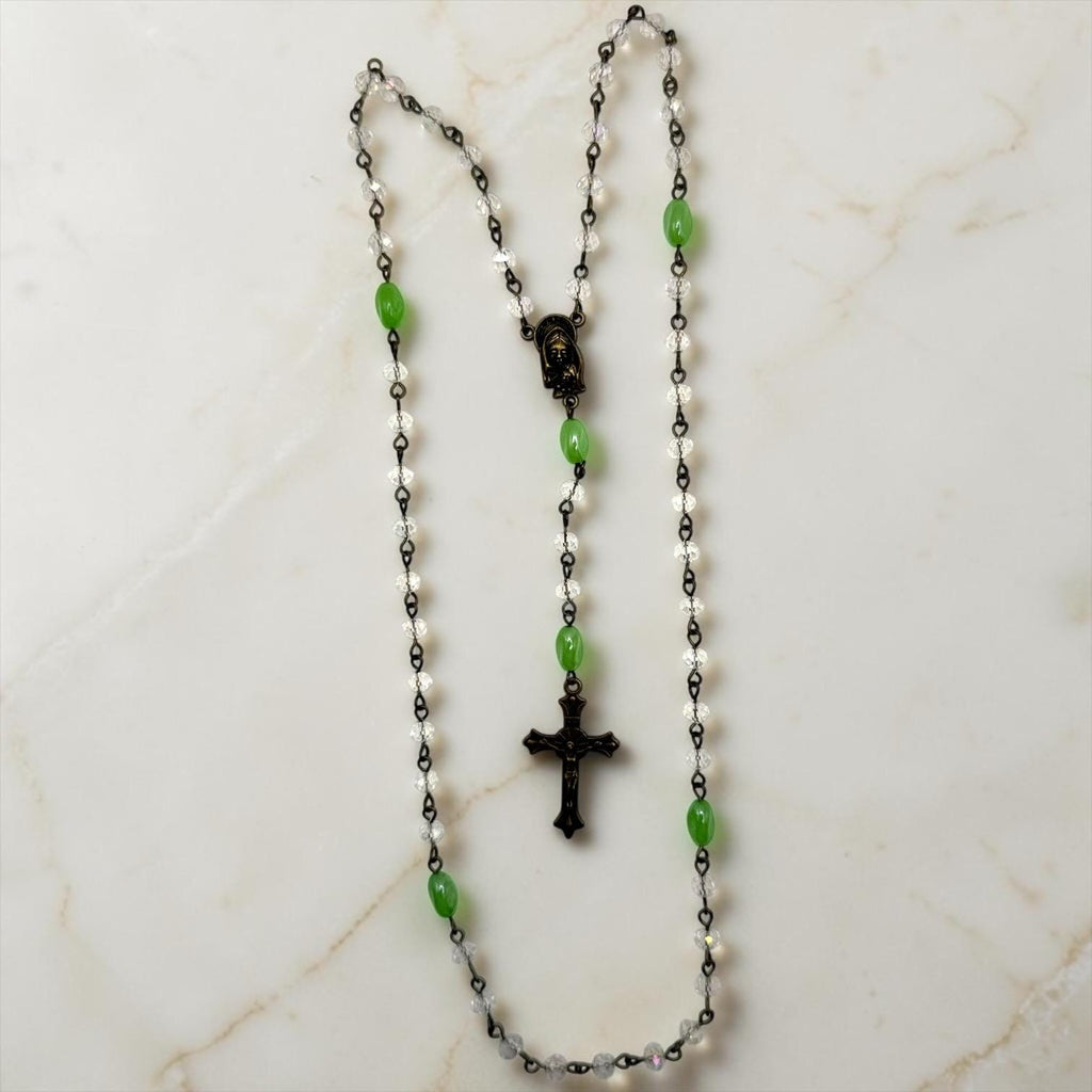 Green Crystal Madonna and Child Rosary with antique bronze details