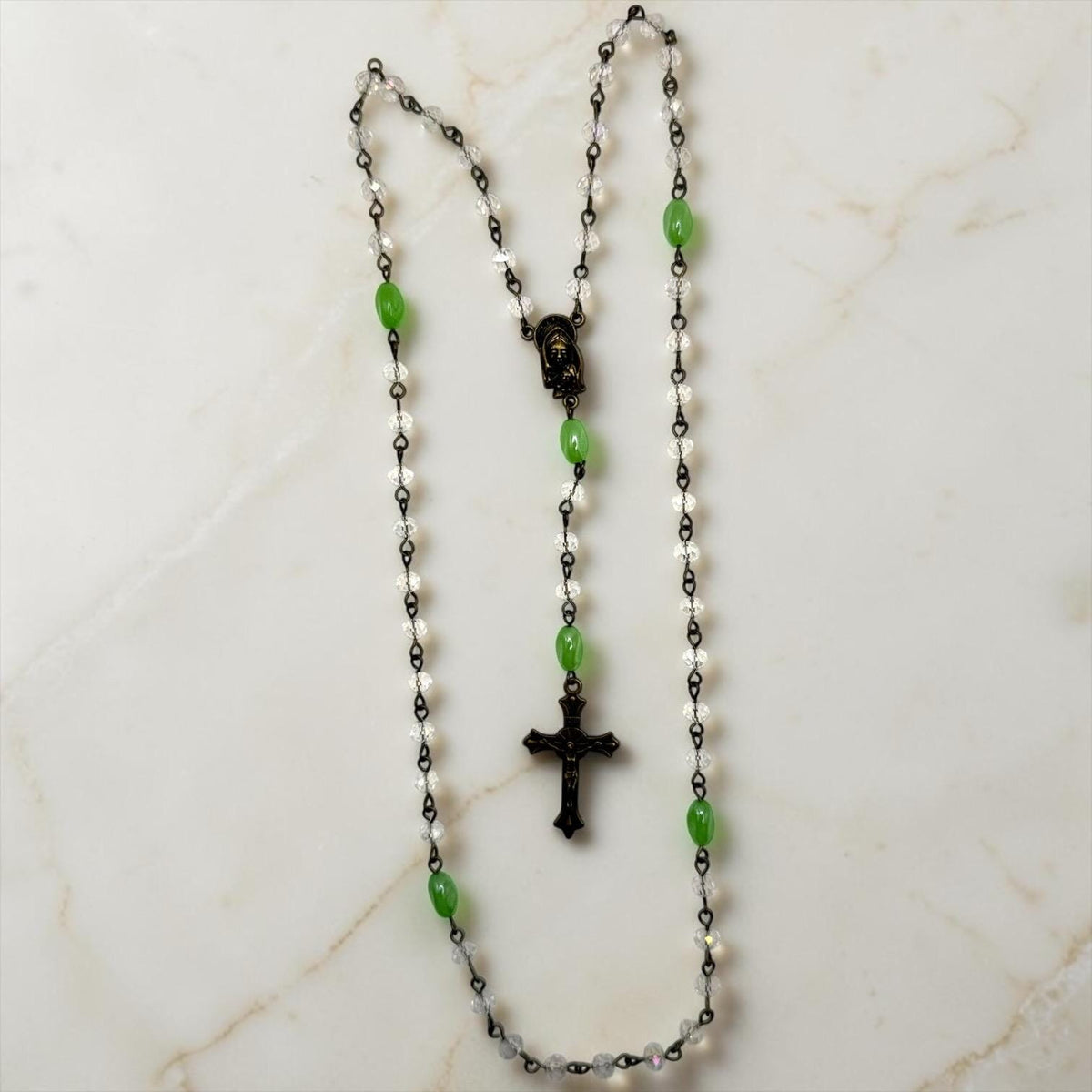 Green Crystal Madonna and Child Rosary with antique bronze details
