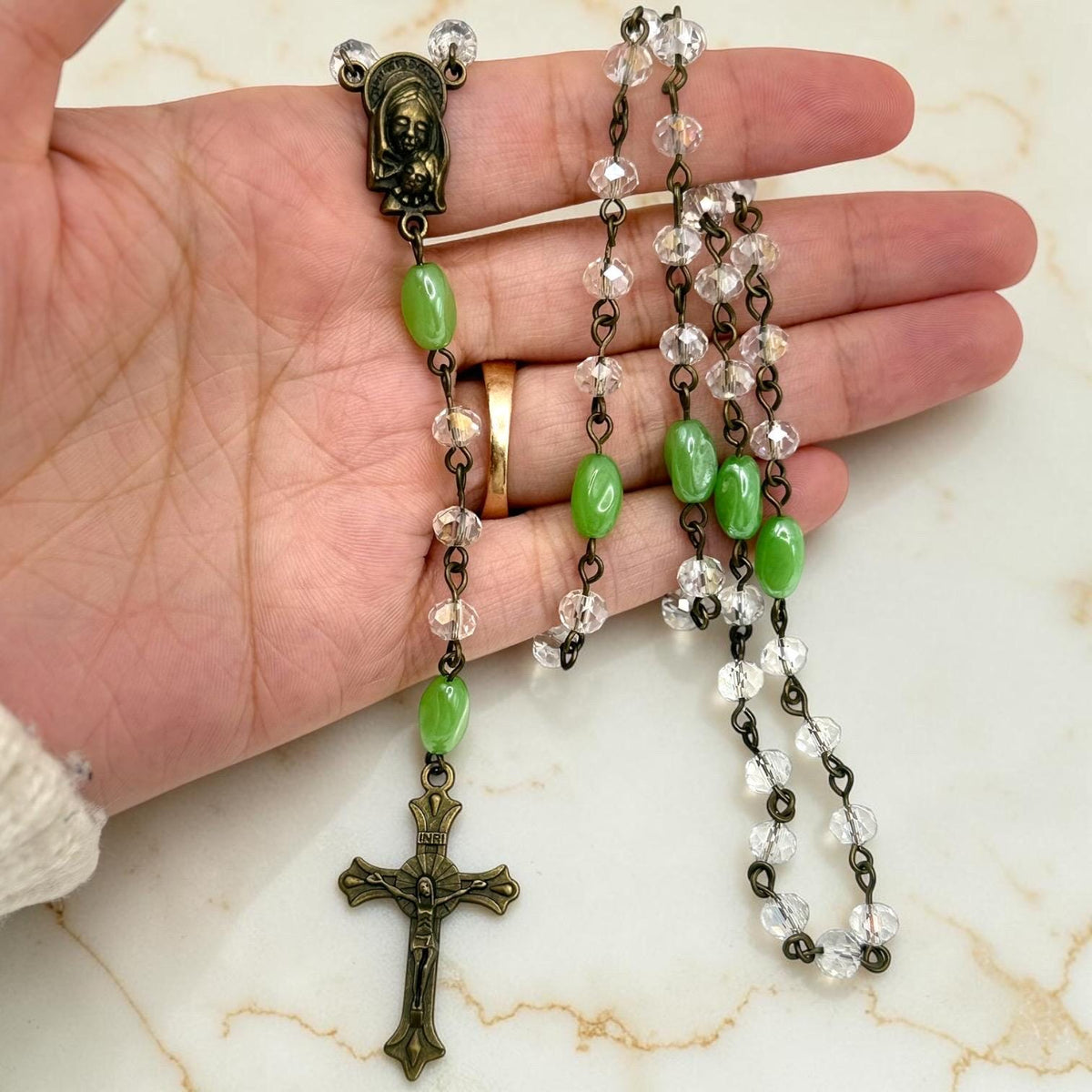 Green Crystal Madonna and Child Rosary detail view