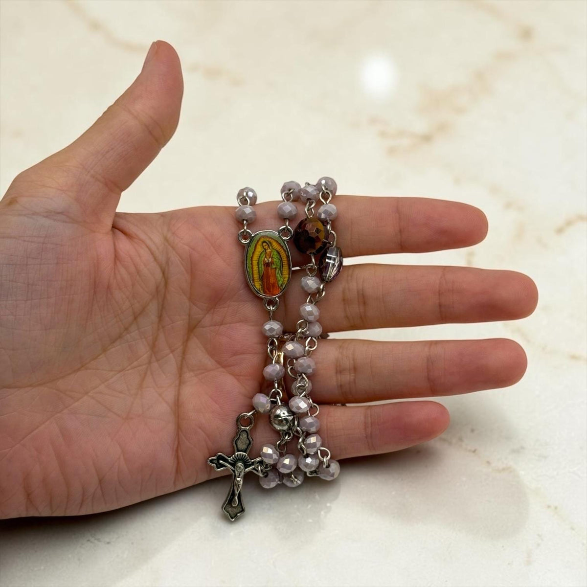 Purple Crystal Our Lady of Guadalupe rosary bracelet additional view