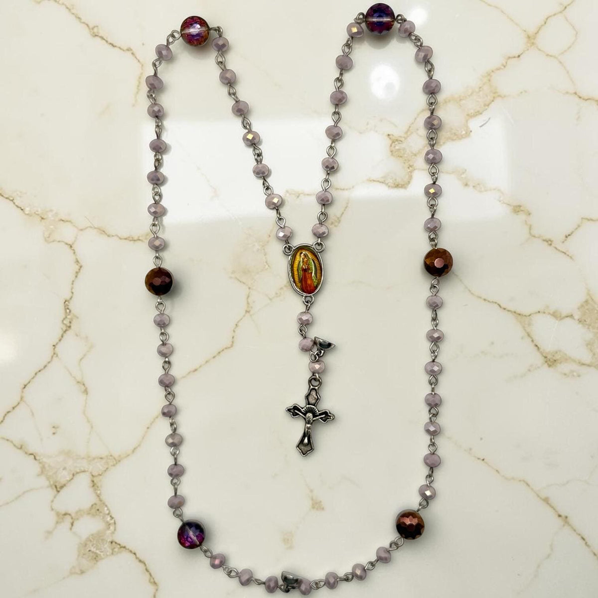 Purple Crystal Our Lady of Guadalupe magnetic rosary bracelet