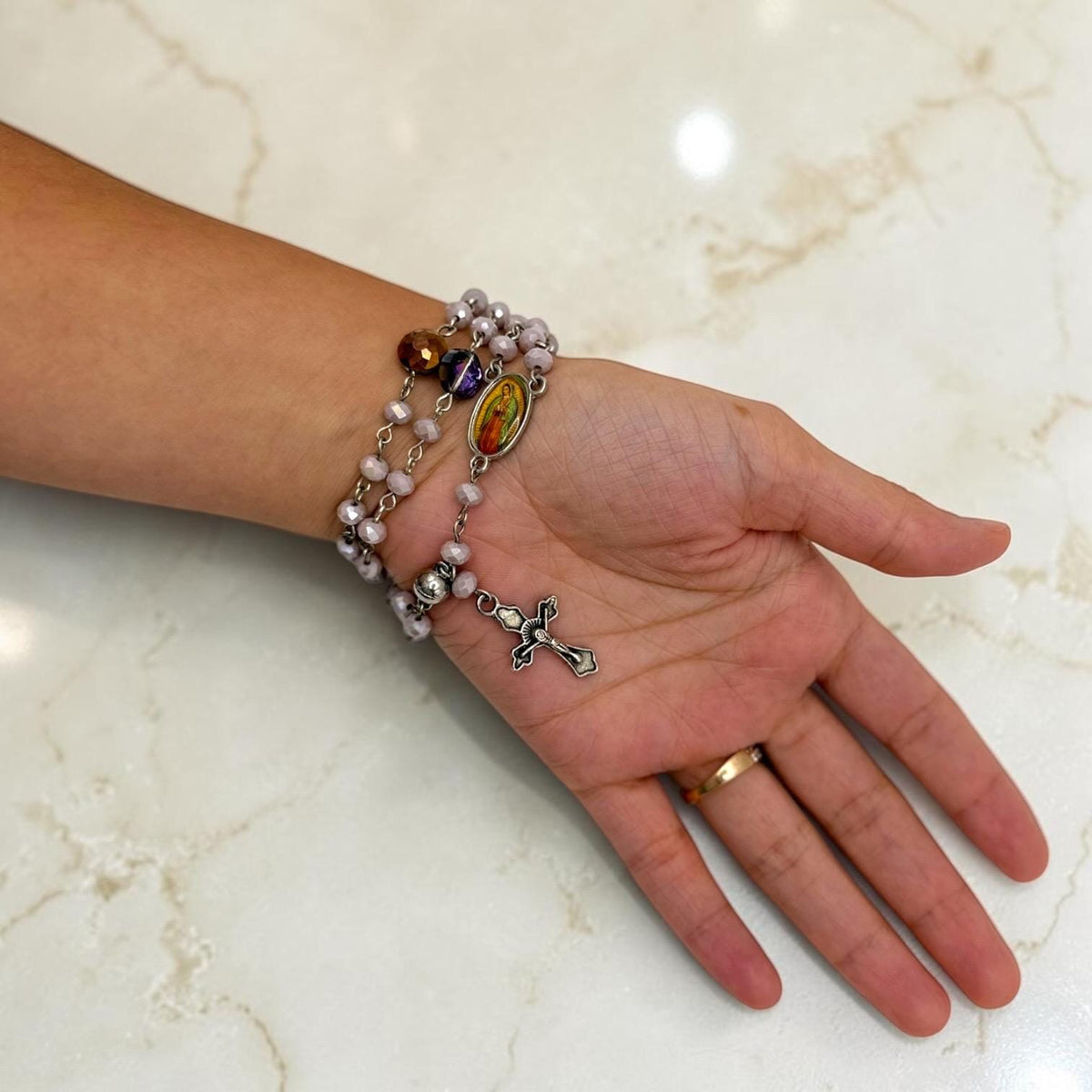 Our Lady of Guadalupe magnetic rosary bracelet devotional detail