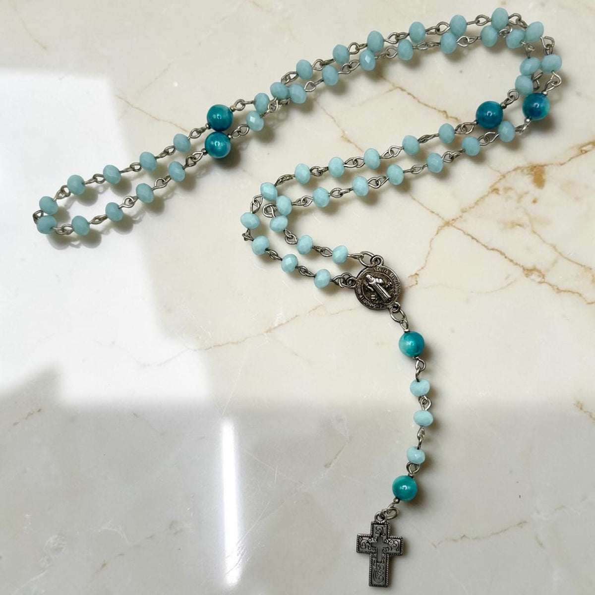 Aqua Crystal St. Benedict Rosary alternate view