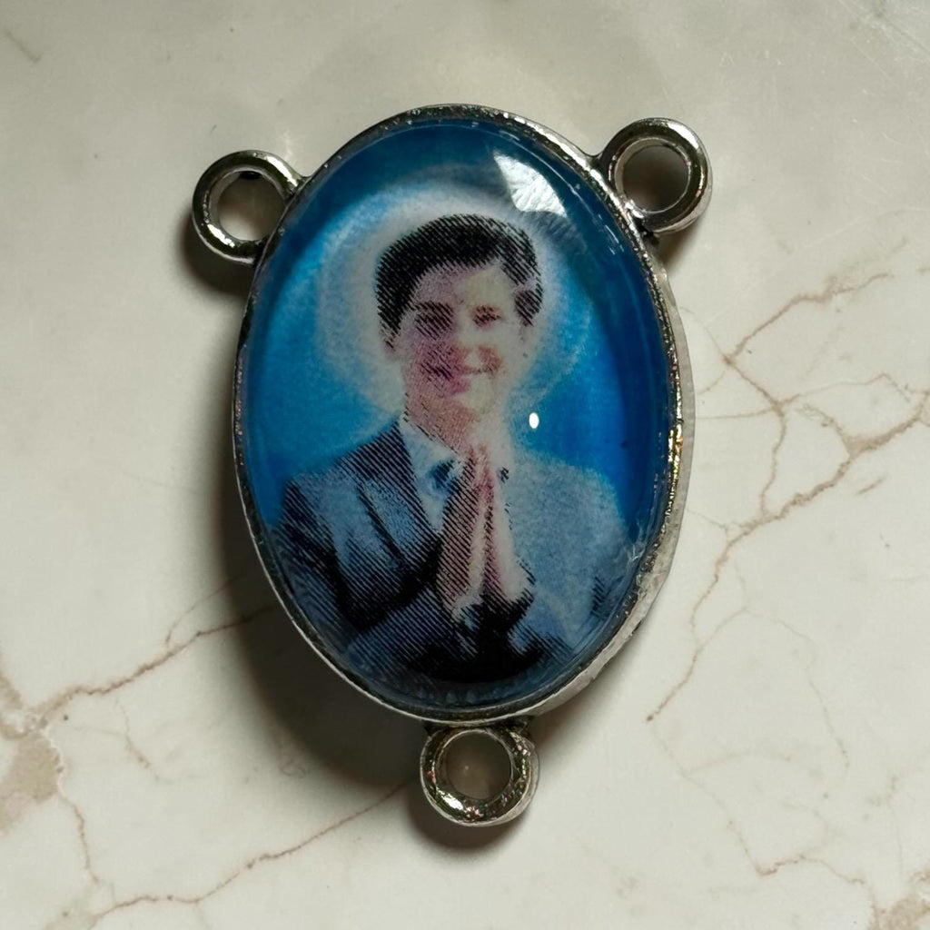 Saint Carlo Acutis glass cabochon rosary centerpiece