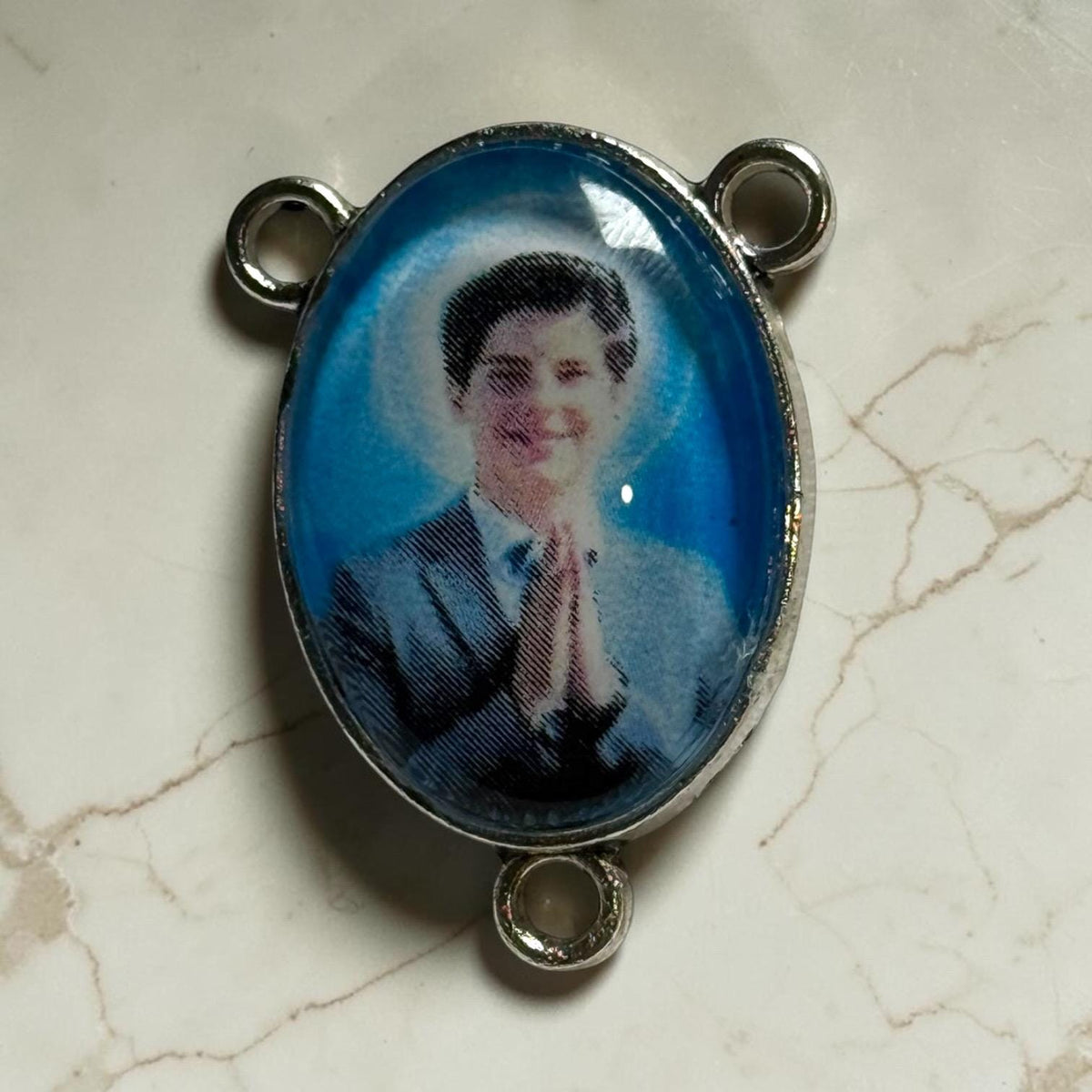 Saint Carlo Acutis glass cabochon rosary centerpiece