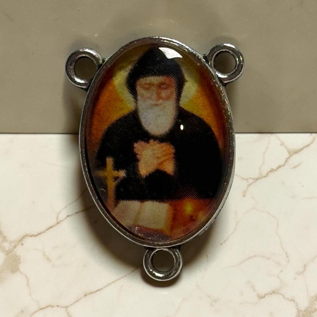 Saint Charbel glass cabochon rosary centerpiece