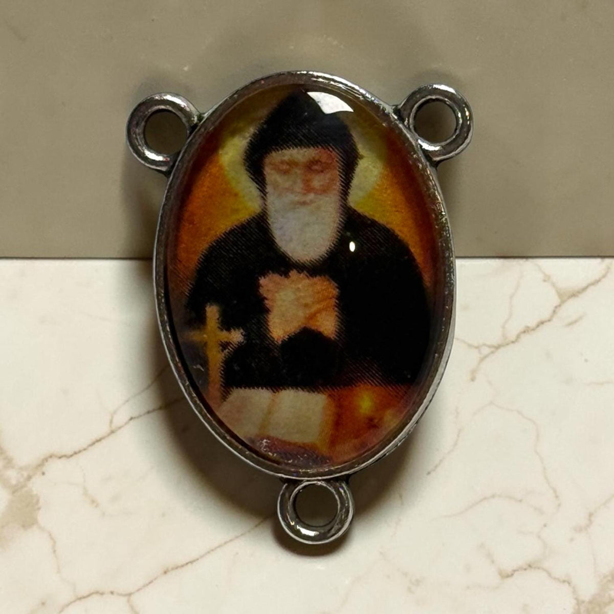 Saint Charbel glass cabochon rosary centerpiece