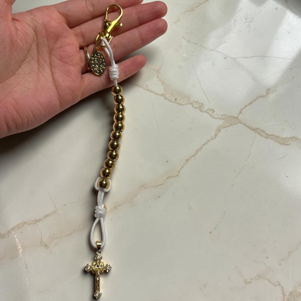 Gold Miraculous Medal decade rosary keychain alternate view