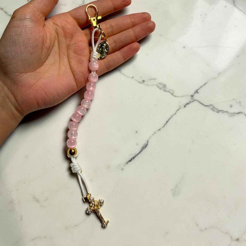 Pink Cat Eye Miraculous Medal decade rosary alternate view