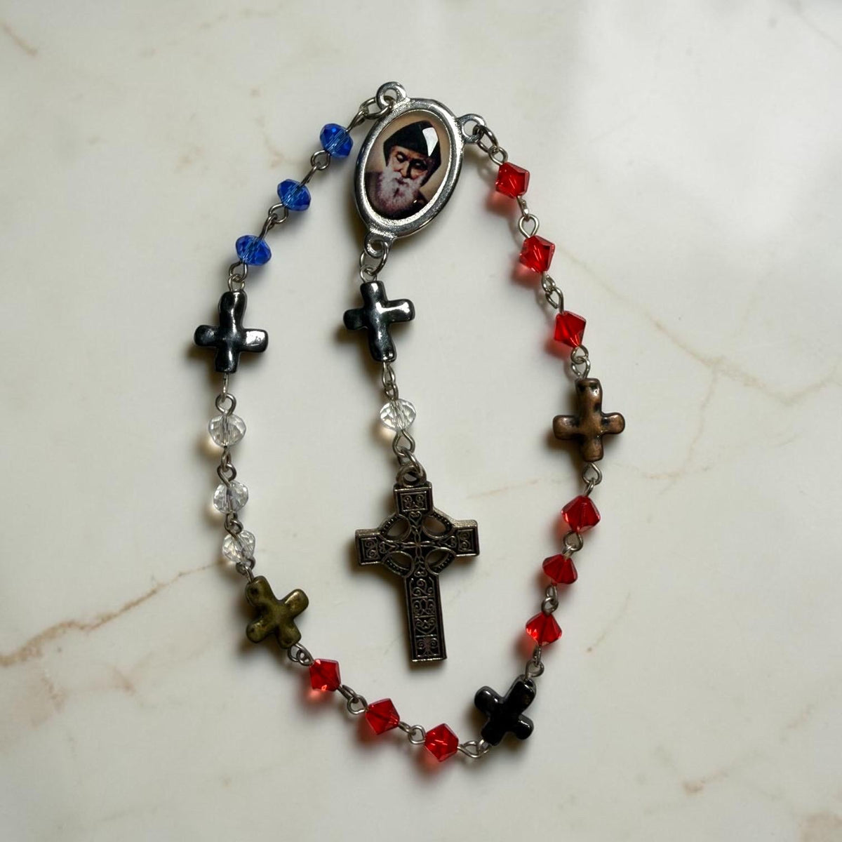 Red and Blue Crystal St. Charbel Chaplet with Celtic cross