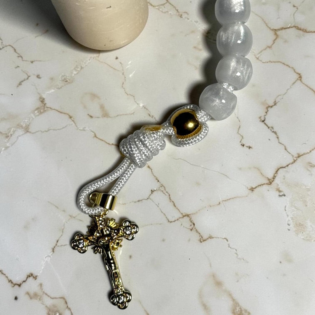 White decade rosary bracelet Miraculous Medal detail