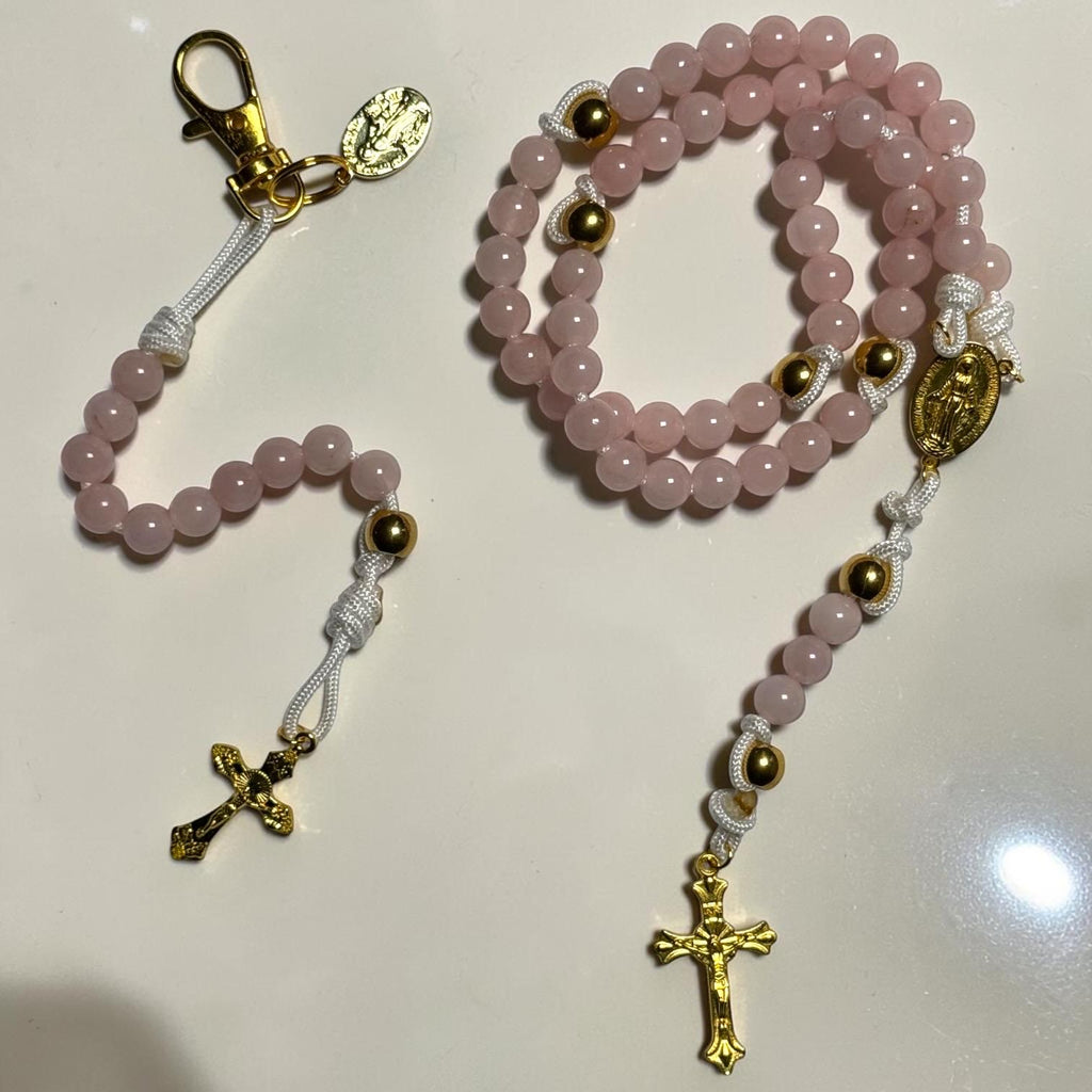 Rose Quartz Rosary Gift Set bracelet and keychain view