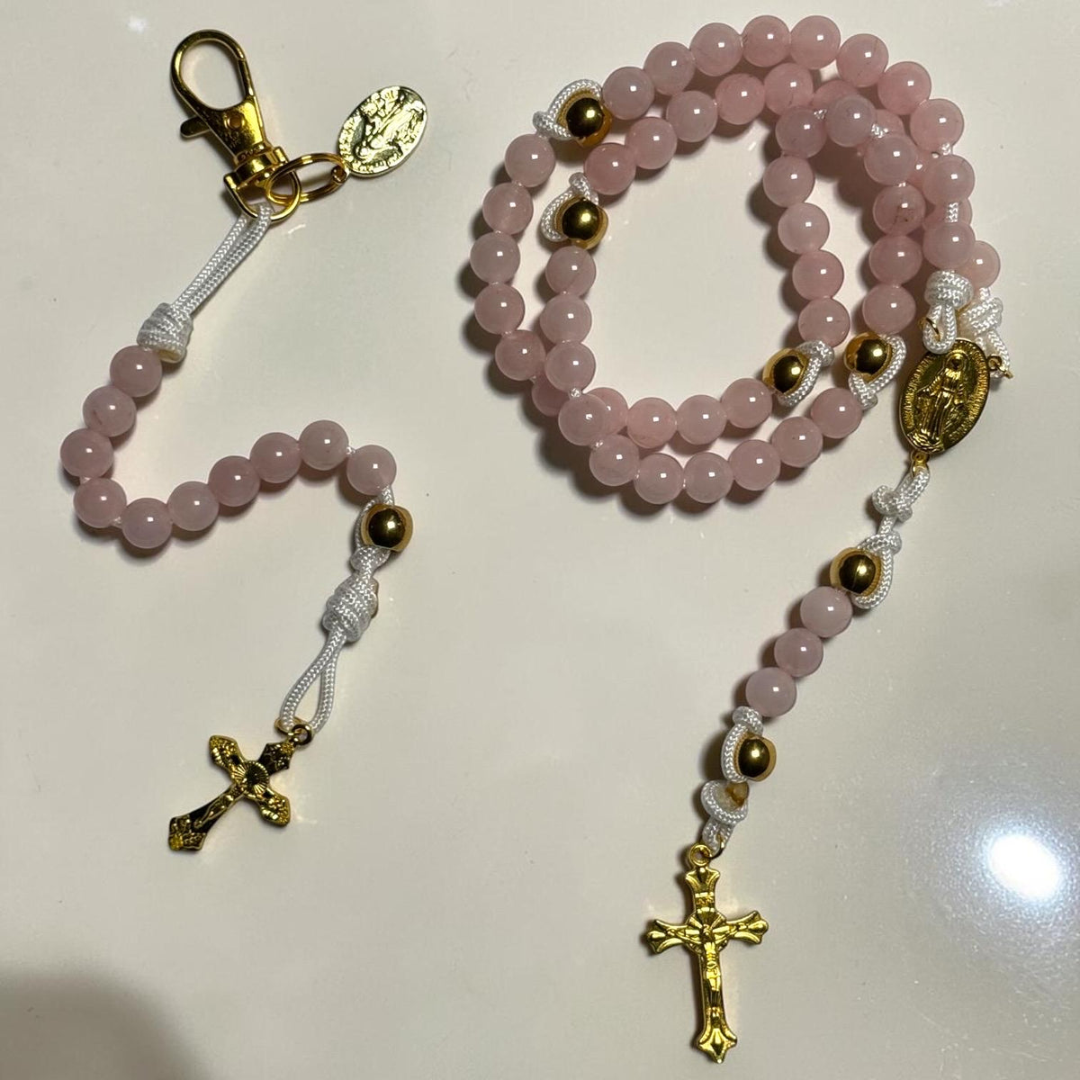 Rose Quartz Rosary Gift Set bracelet and keychain view