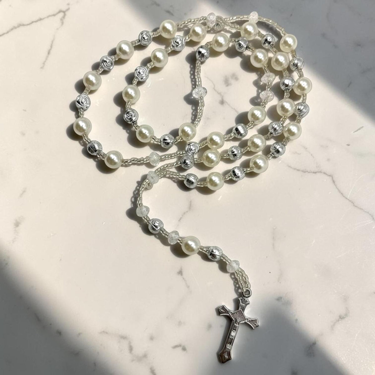 White Pearl Catholic Rosary with silver-tone details