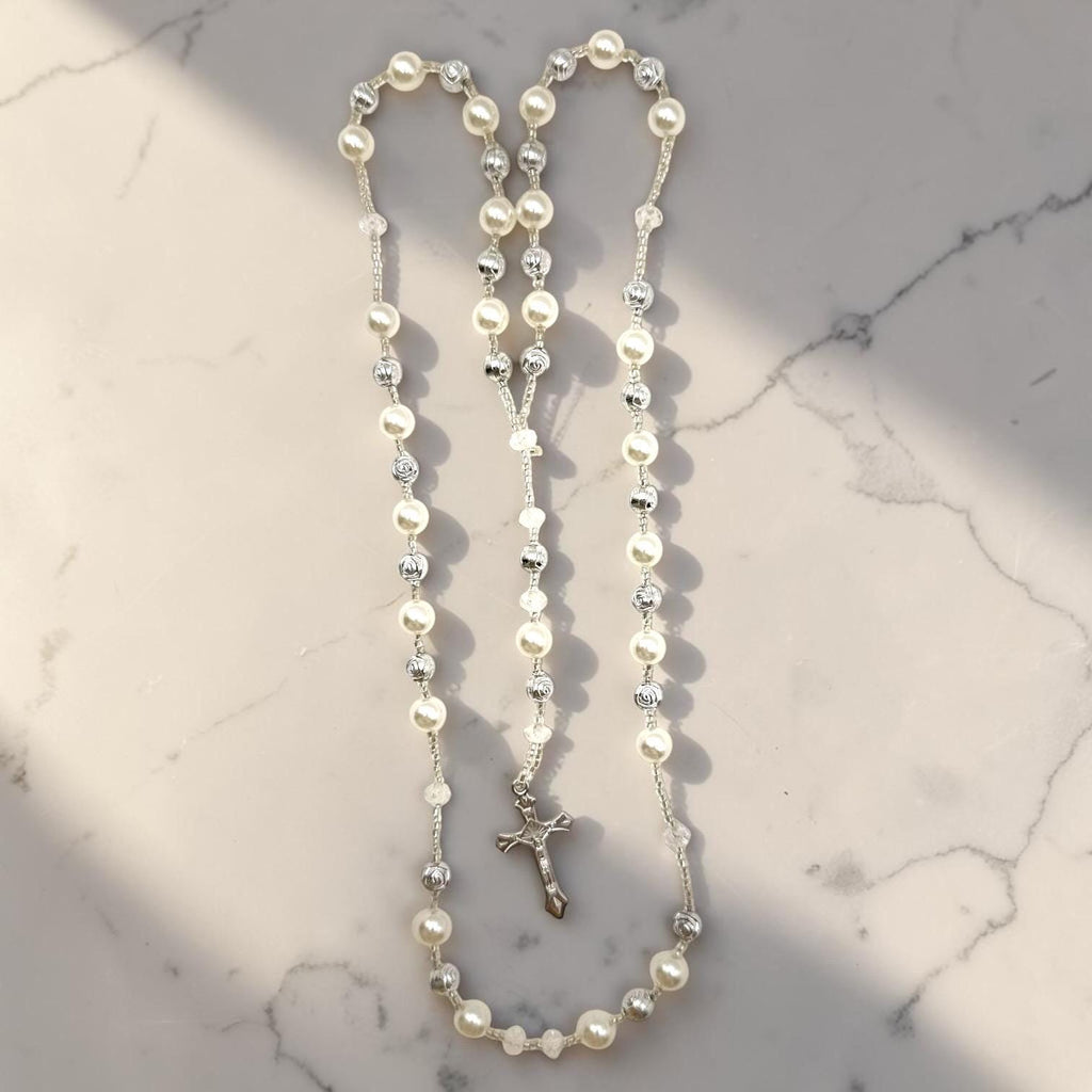 White Pearl Catholic Rosary detail view