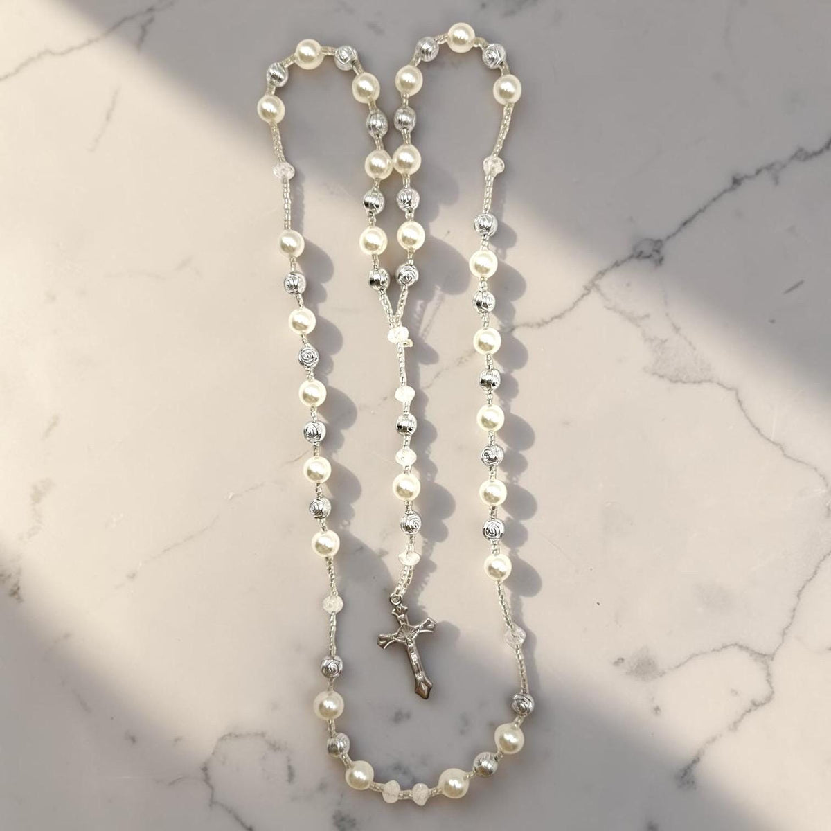 White Pearl Catholic Rosary detail view