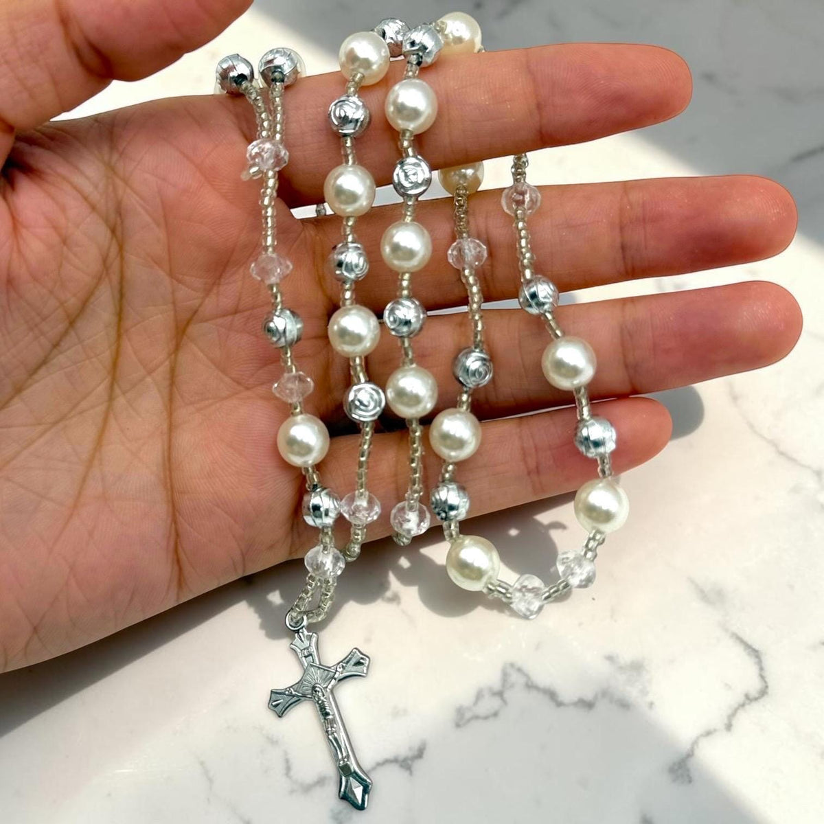 White Pearl Catholic Rosary alternate view
