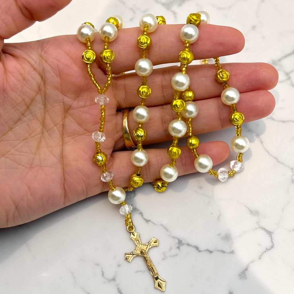 Gold and White Pearl Catholic Rosary detail view
