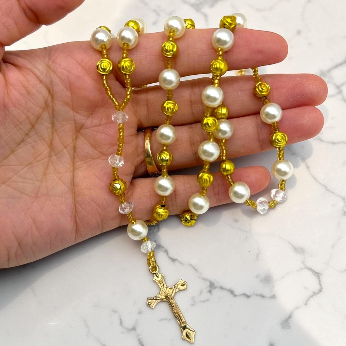 Gold and White Pearl Catholic Rosary detail view
