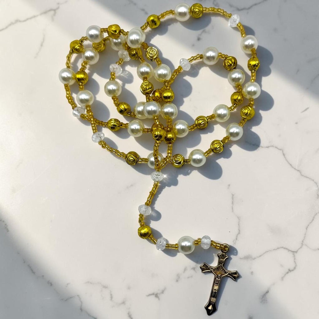 Gold and White Pearl Catholic Rosary for everyday prayer