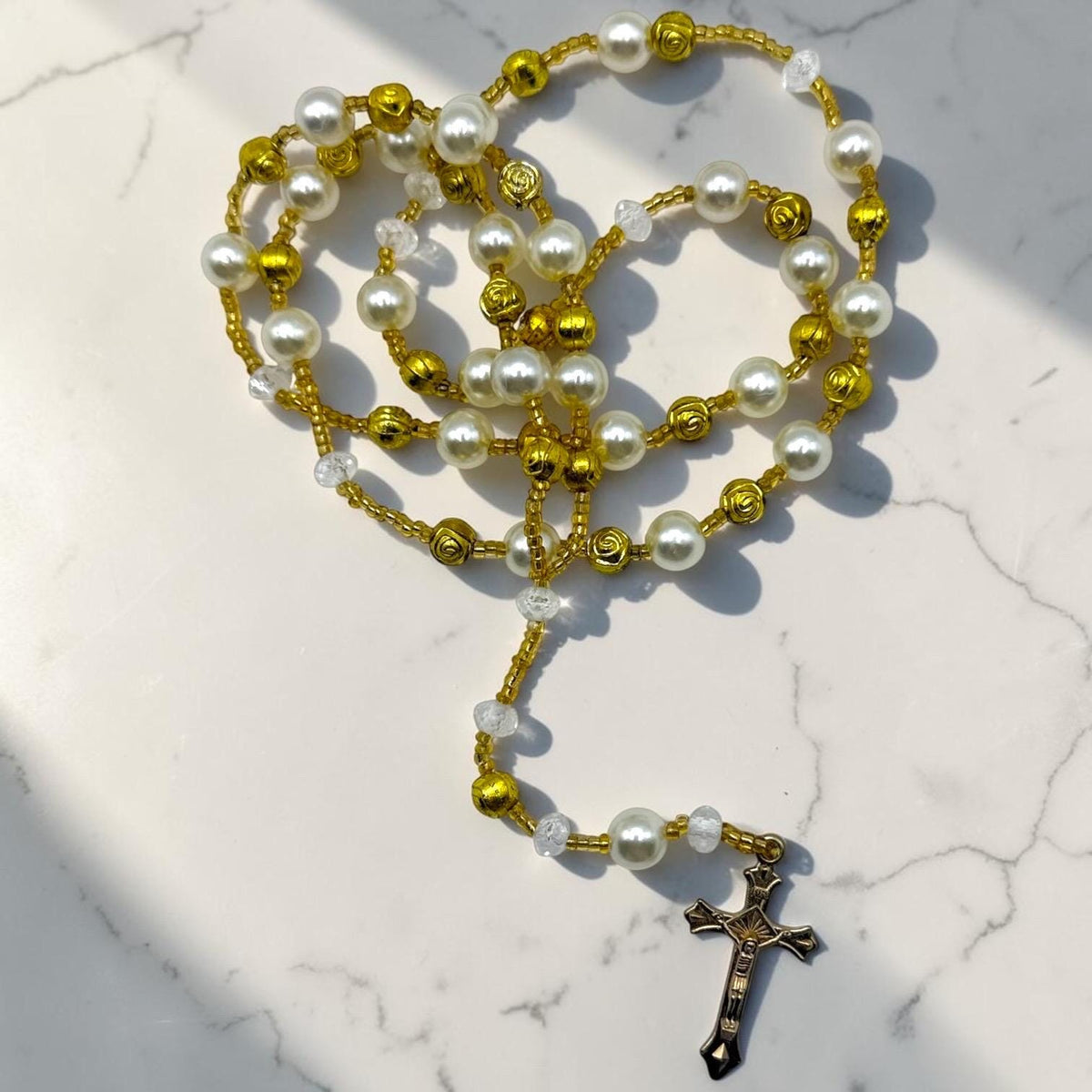 Gold and White Pearl Catholic Rosary for everyday prayer