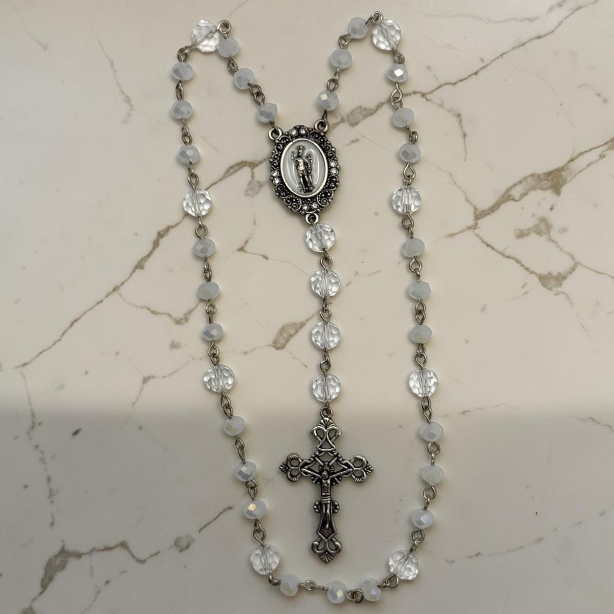 White Crystal St. Michael Chaplet crucifix detail