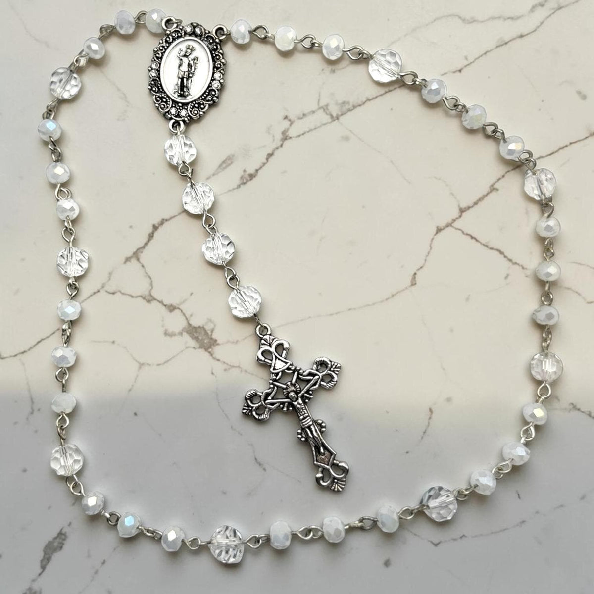 White Crystal St. Michael Chaplet with ornate crucifix