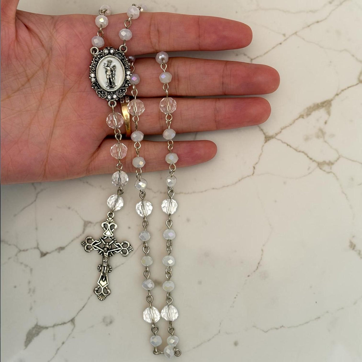 White Crystal St. Michael Chaplet detail view