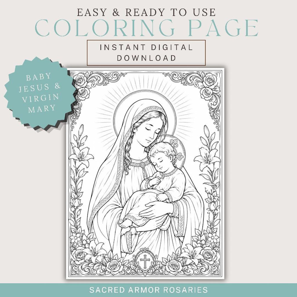 Virgin Mary and Baby Jesus Catholic coloring page printable preview