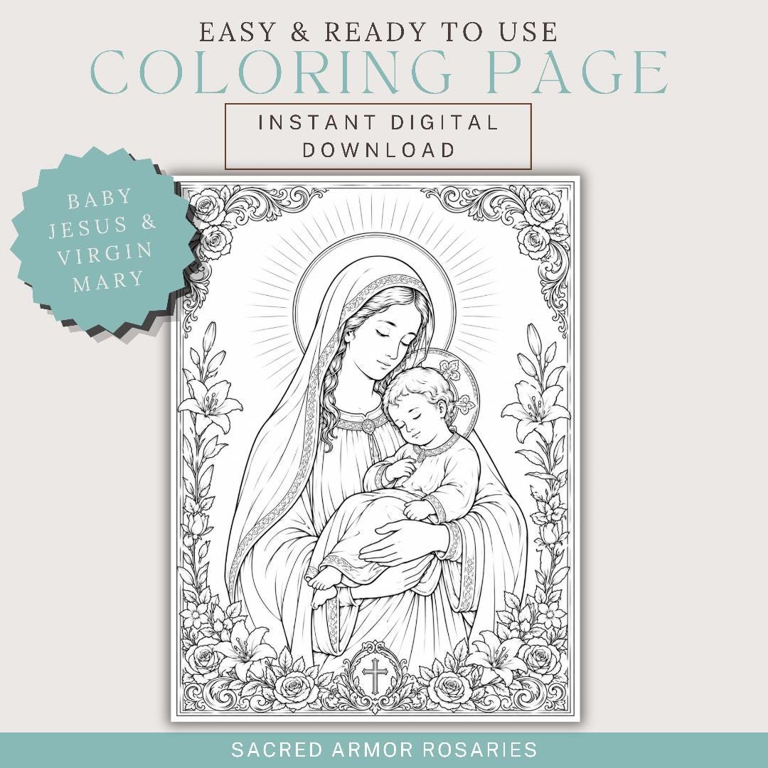 Virgin Mary and Baby Jesus Catholic coloring page printable preview