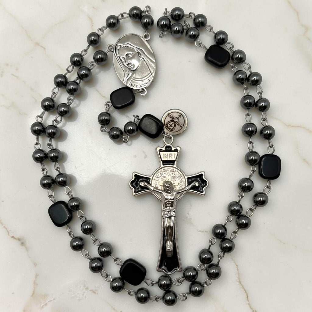 Heavy Hematite Medjugorje Rosary crucifix detail