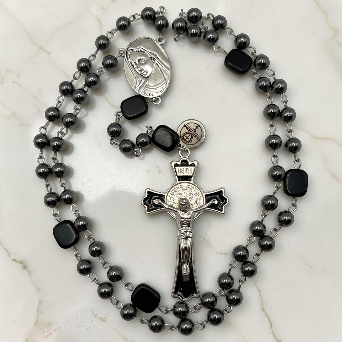 Heavy Hematite Medjugorje Rosary crucifix detail