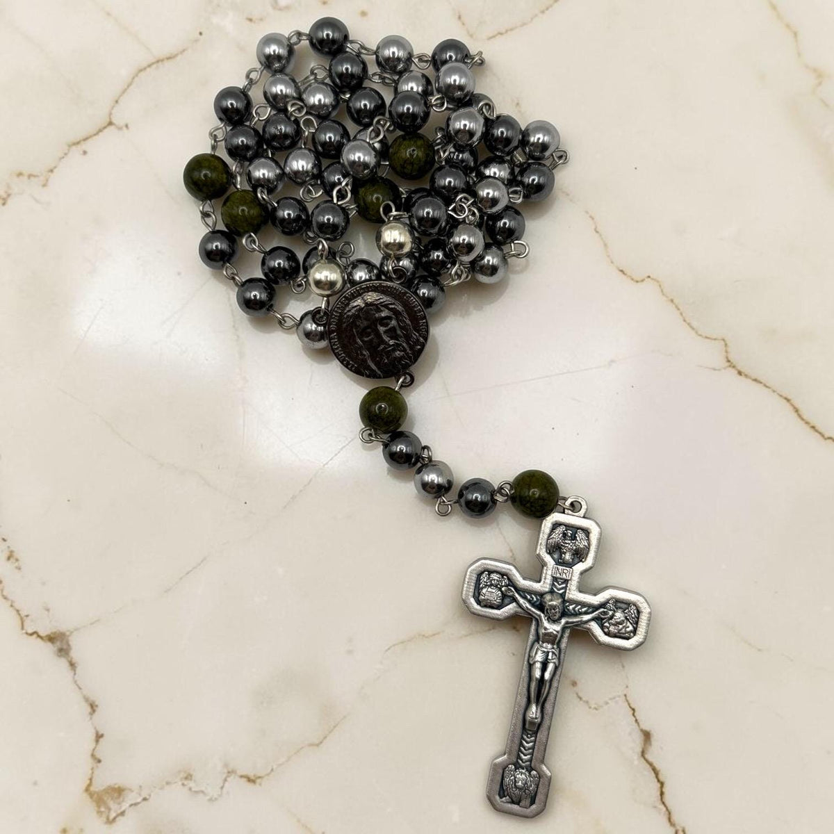Hematite Holy Face of Jesus Rosary detail view