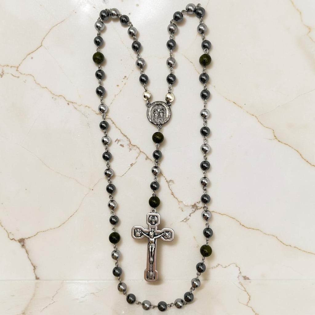 Hematite Holy Face of Jesus Rosary alternate view