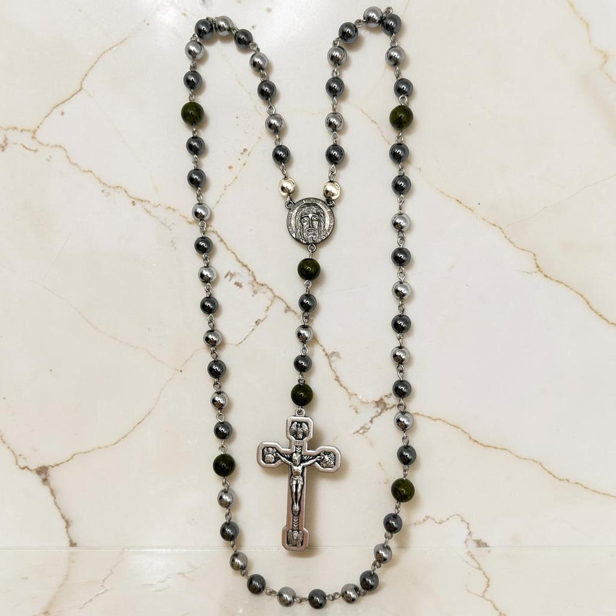 Hematite Holy Face of Jesus Rosary alternate view