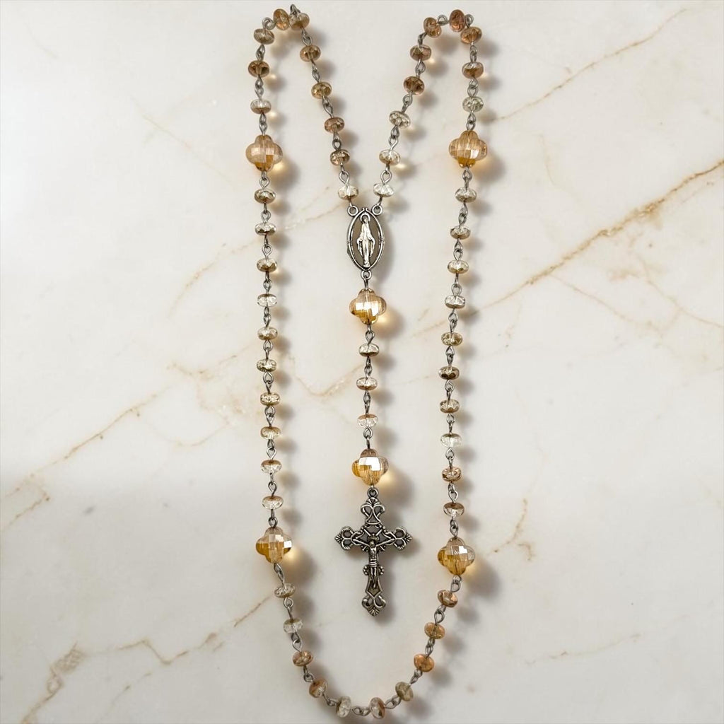 Champagne Crystal Miraculous Medal Rosary detail view