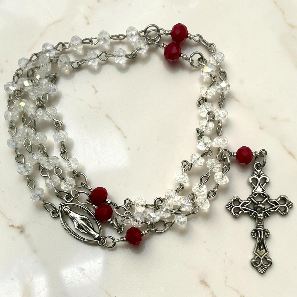 Clear and Red Crystal Miraculous Medal Rosary alternate view