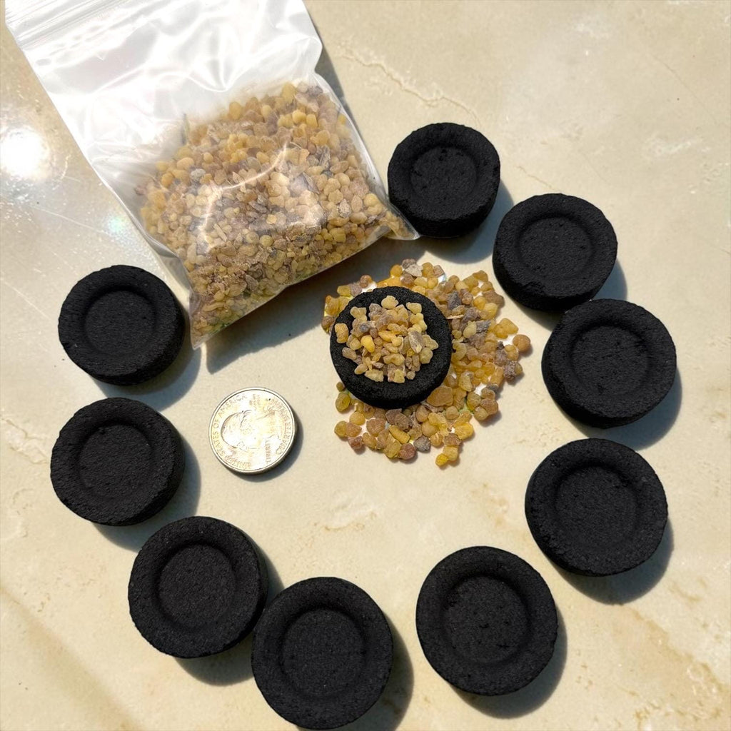 Frankincense resin and charcoal incense kit detail