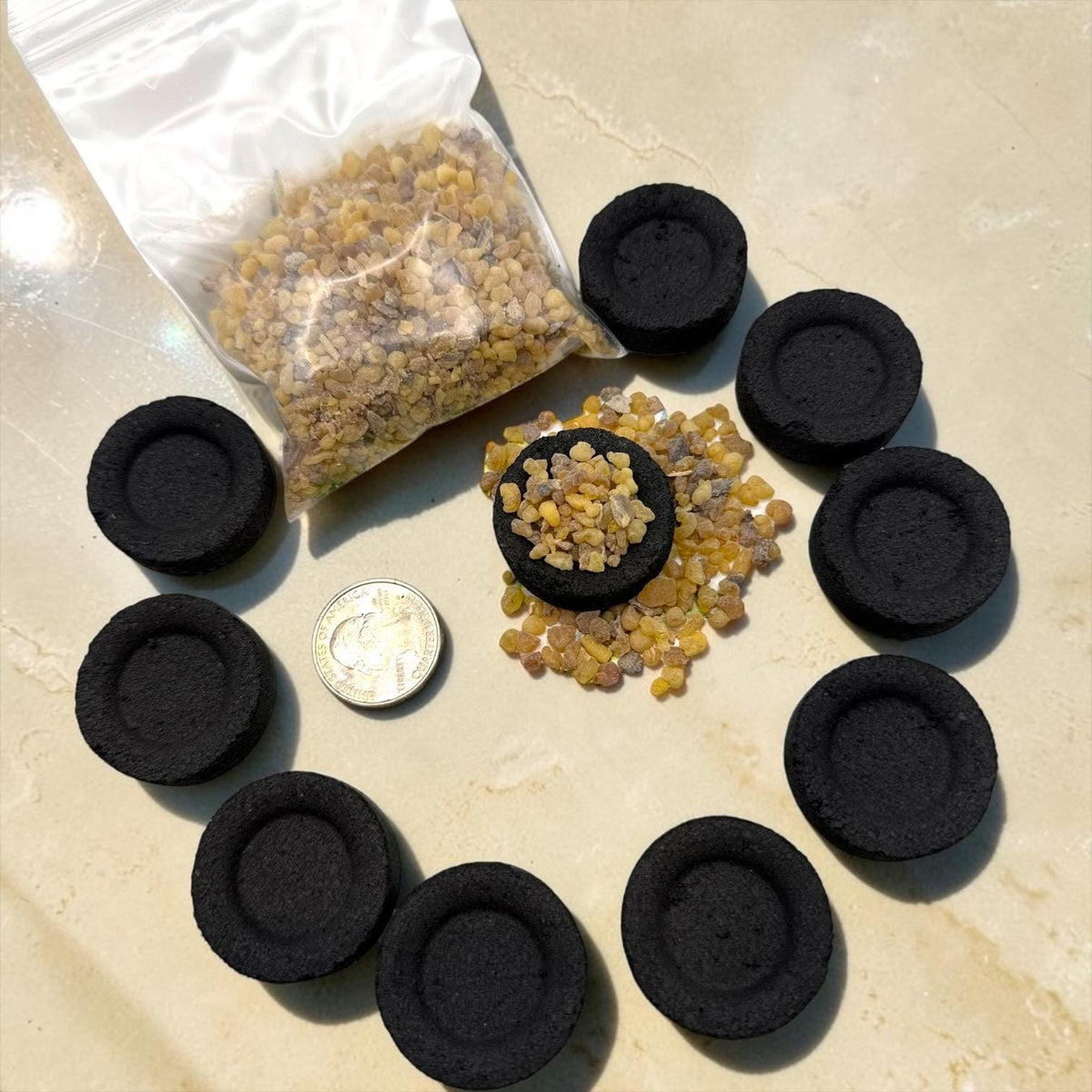 Frankincense resin and charcoal incense kit detail